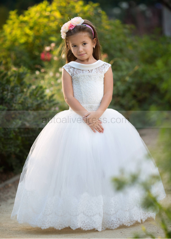 Beaded Ivory Lace Tulle Floor Length Flower Girl Dress